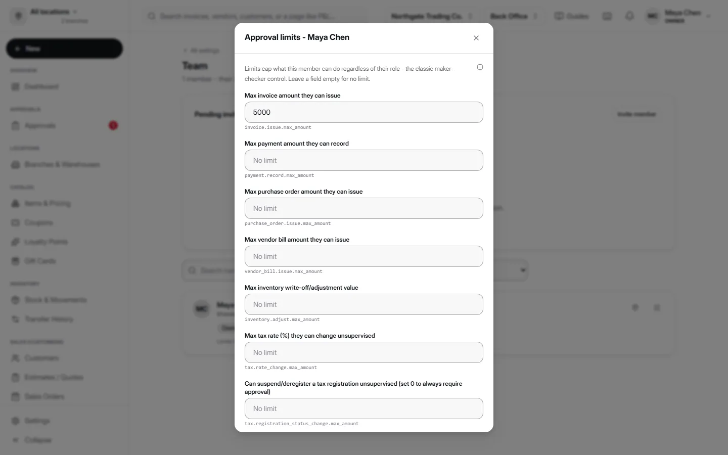 Approval limits editor in AccountDesq for a team member showing dollar-value maximum amount fields for invoice issuance, payment recording, purchase order issuance, vendor bill issuance, inventory adjustment, and tax rate changes