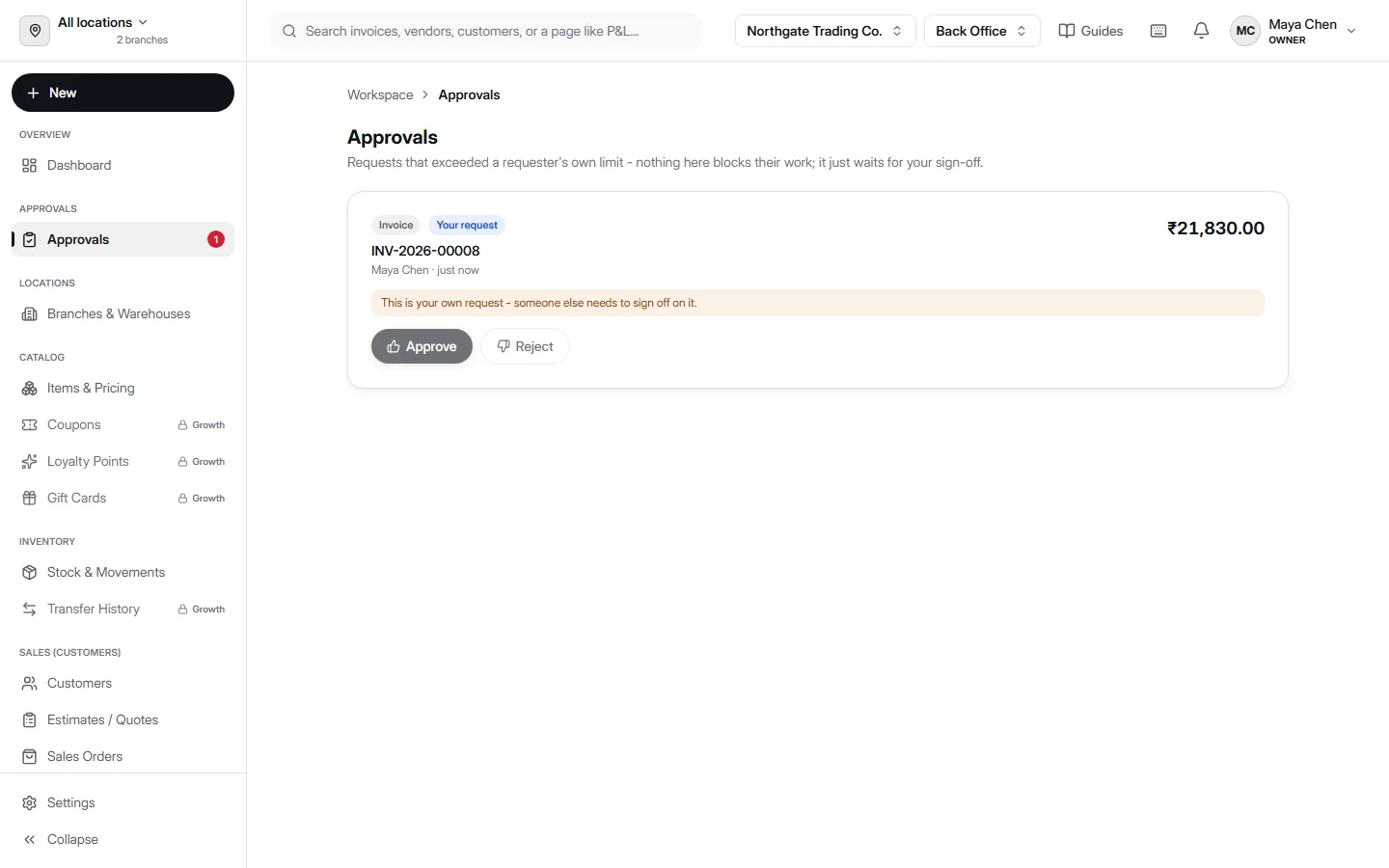 Approvals inbox in AccountDesq showing an invoice over the requester's amount limit, with a notice that the requester cannot approve their own request and Approve/Reject actions for a second reviewer