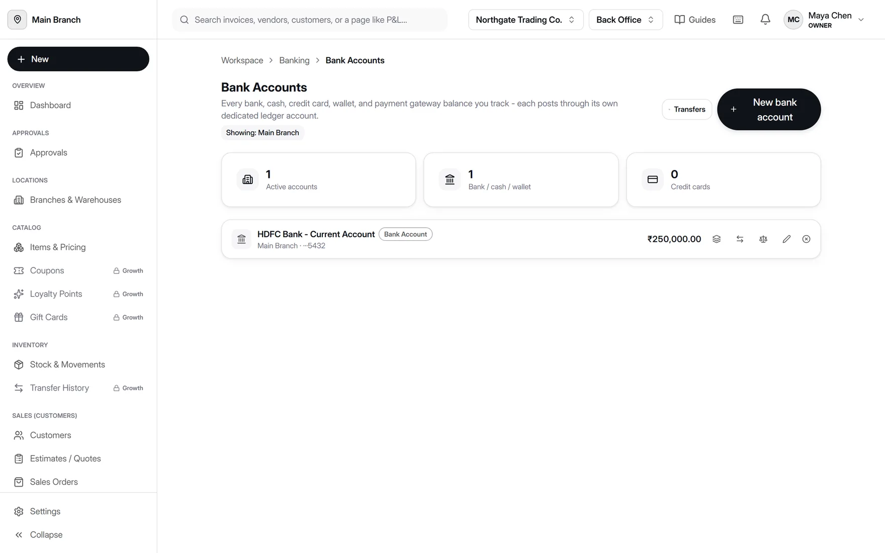 Bank Accounts screen in AccountDesq showing a current account with its live balance, branch, and quick actions for deposits, transfers, and reconciliation