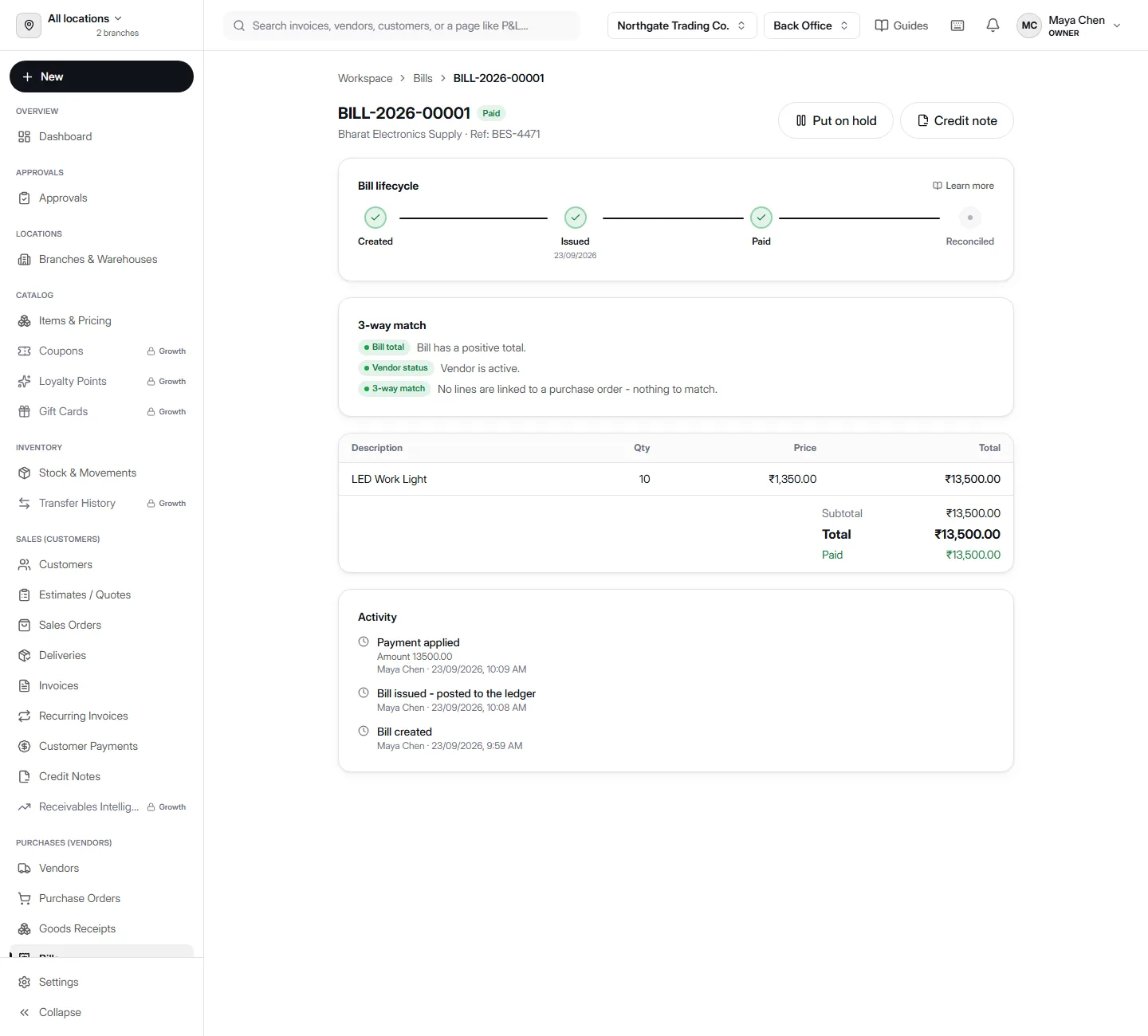A paid vendor bill in AccountDesq showing its lifecycle (Created, Issued, Paid, Reconciled), a 3-way match check, line items, and an activity log of who issued and paid it