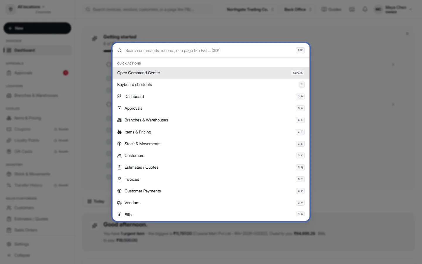 The Command Center overlay in AccountDesq, opened with Ctrl+K, showing a searchable list of quick actions and pages each with its keyboard shortcut badge - G D for Dashboard, G C for Customers, G I for Invoices, and more