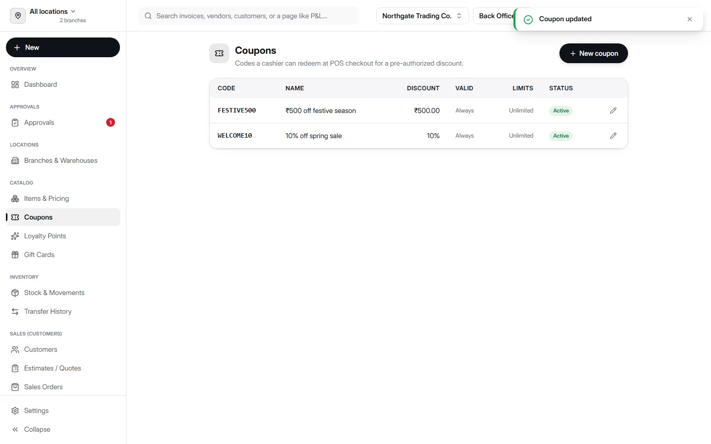Coupons admin screen in AccountDesq showing a table with two real coupons - FESTIVE500 for ₹500 off and WELCOME10 for 10% off - with Discount, Valid, Limits, and Status columns
