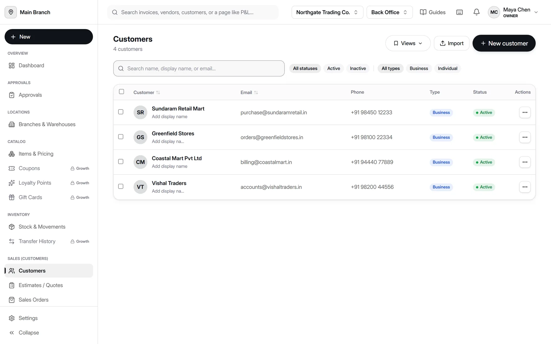 Customer list in AccountDesq showing four business customers with contact emails and account status, the starting point for a quote or sales order