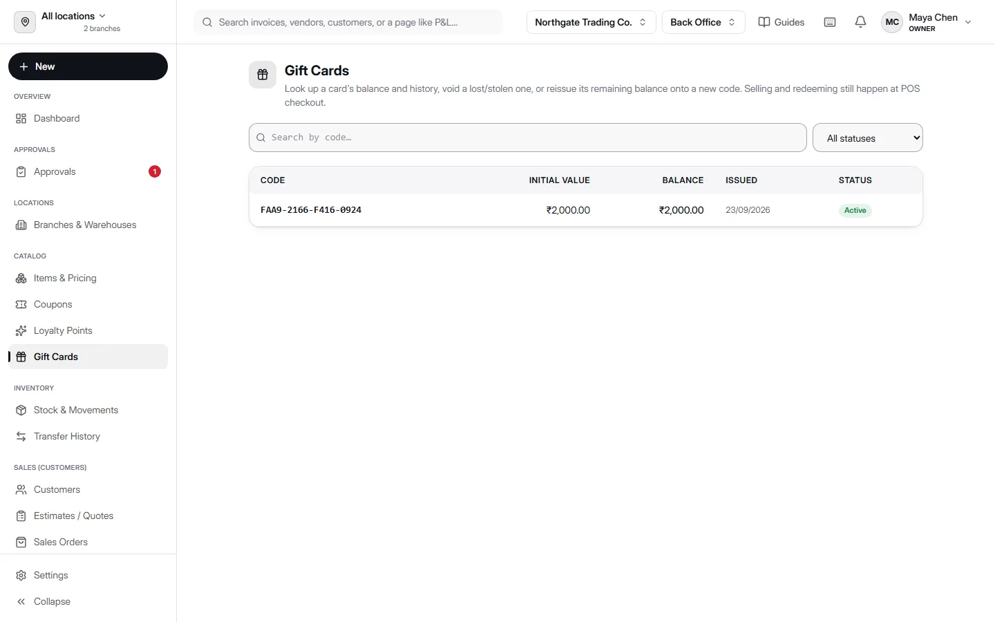Gift Cards admin screen in AccountDesq showing a table with Code, Initial Value, Balance, Issued date, and Status columns, one active ₹2,000.00 gift card listed