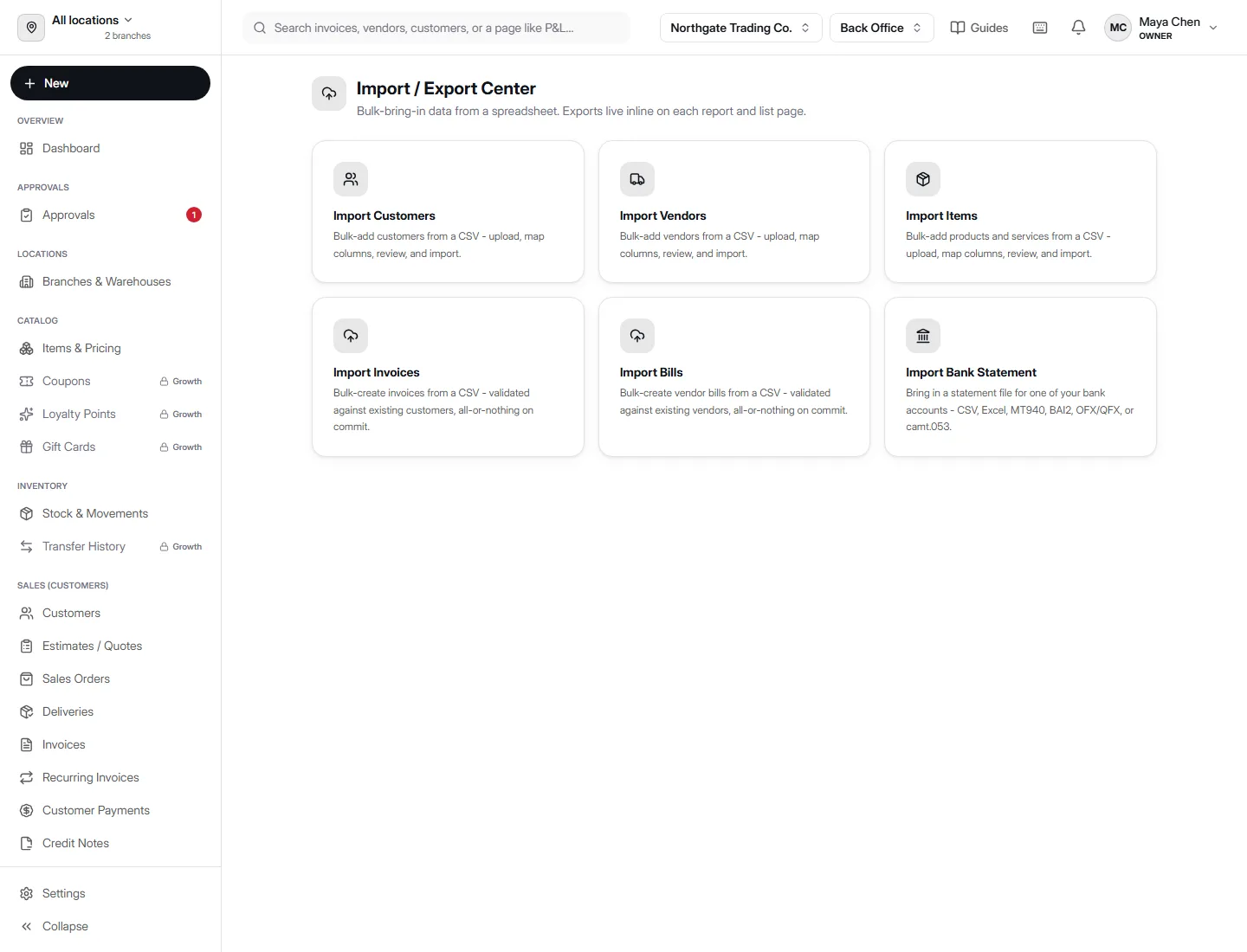 Import / Export Center in AccountDesq showing six bulk-import options - Customers, Vendors, Items, Invoices, Bills, and Bank Statement - each with a short description of the upload and validation flow