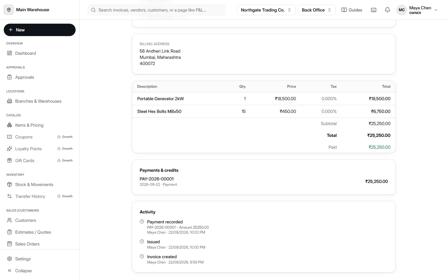 Activity log on an invoice in AccountDesq showing a payment recorded, the invoice issued, and the invoice created, each with the acting user and a timestamp