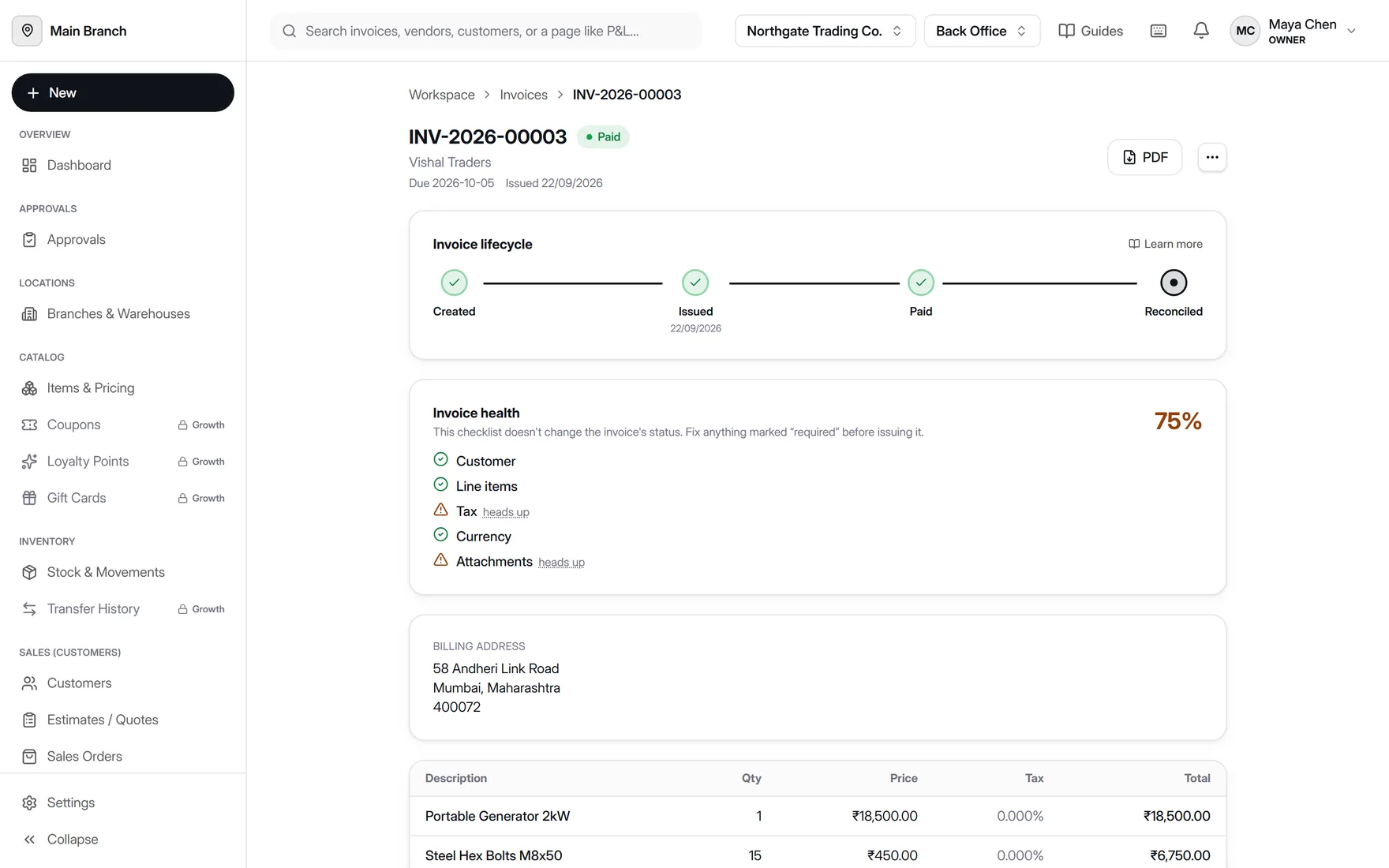 A paid invoice in AccountDesq showing its lifecycle (Created, Issued, Paid, Reconciled), an invoice health checklist, billing address, and line items