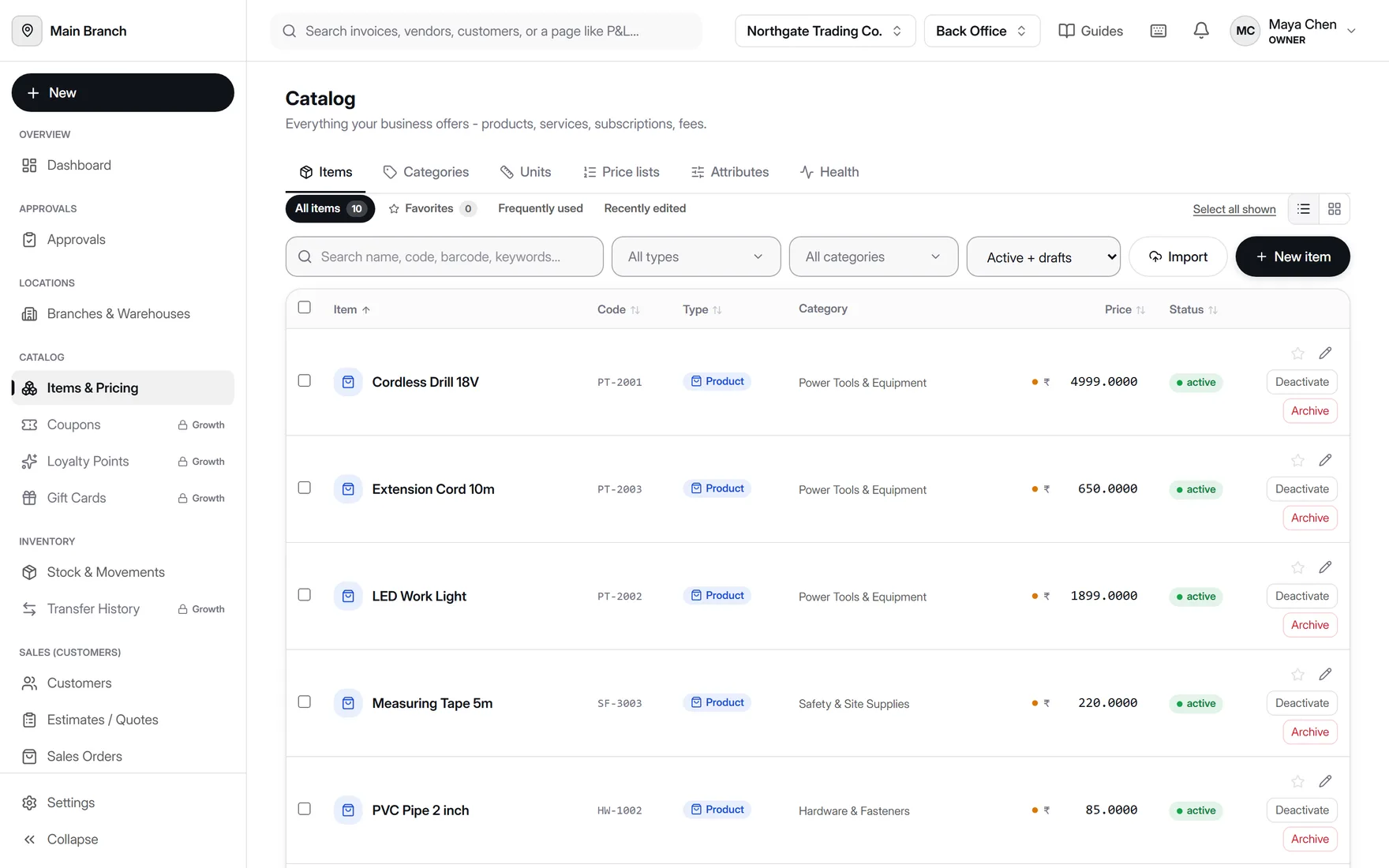 Item catalog in AccountDesq listing ten products across Power Tools, Hardware, and Safety Supplies categories, each with a code, type, price, and active status