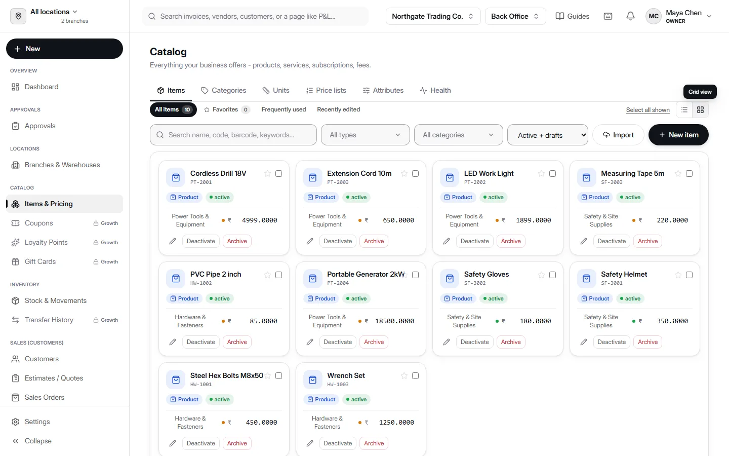 Product catalog in AccountDesq shown as a grid of cards, each with a name, code, category, price, and active status - the same catalog a register sells from
