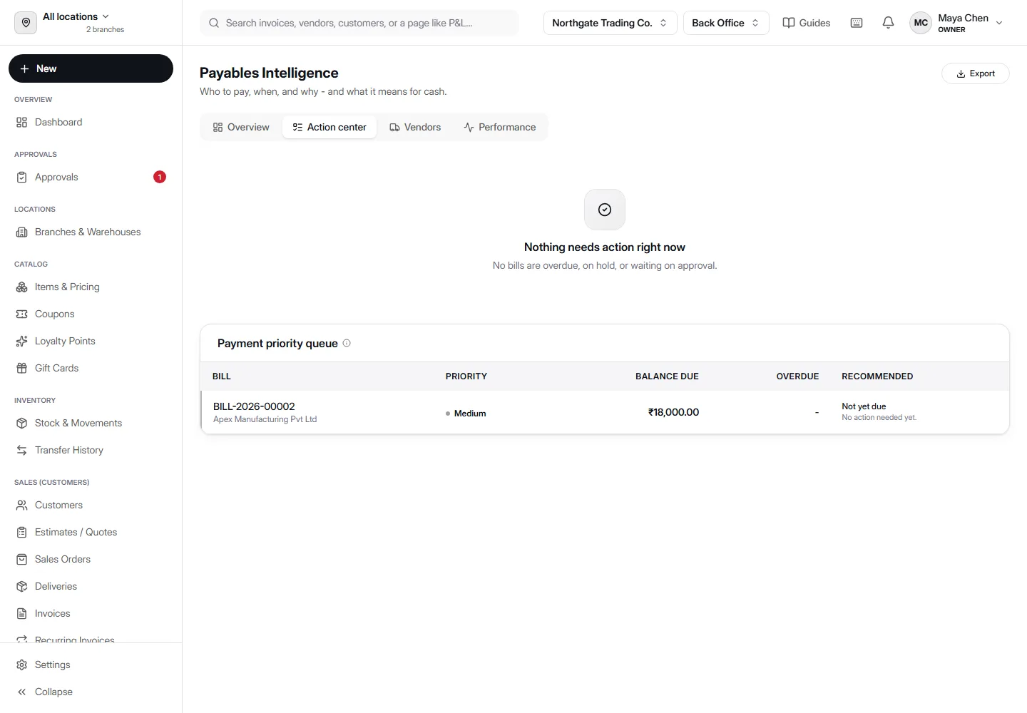 Payables Intelligence Action center in AccountDesq showing a Payment priority queue table with columns for Bill, Priority, Balance Due, Overdue, and Recommended action