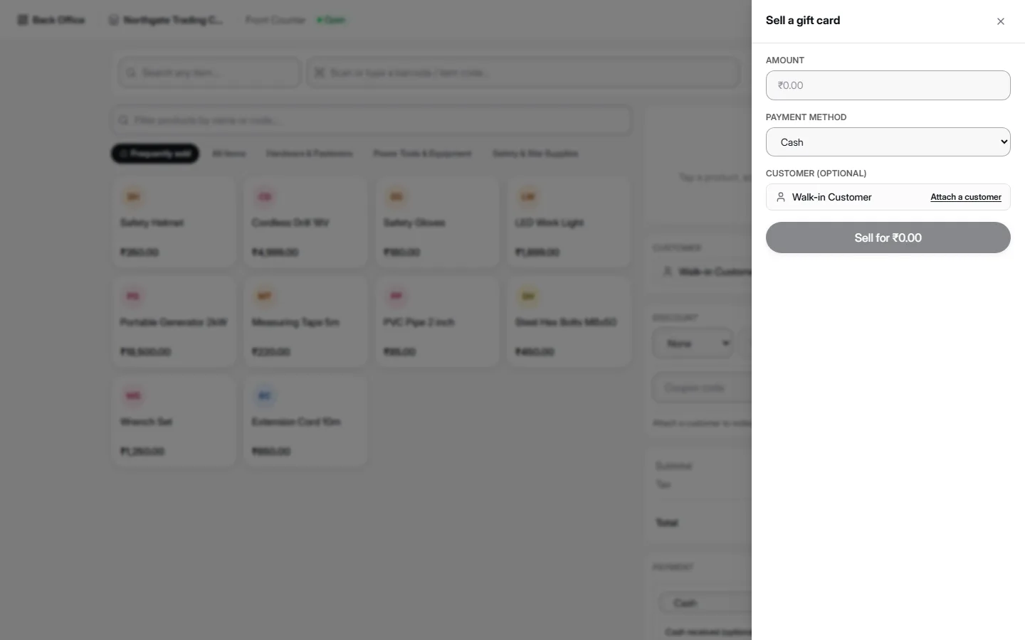 AccountDesq POS Sell a gift card drawer with amount, payment method, and optional customer fields