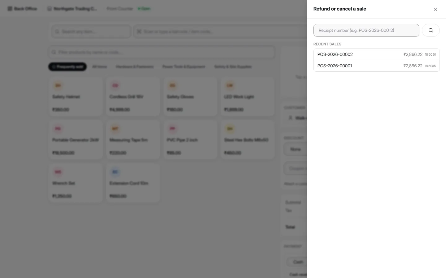 AccountDesq POS Refund or cancel a sale drawer showing a receipt number search field and a list of recent sales with their totals and timestamps