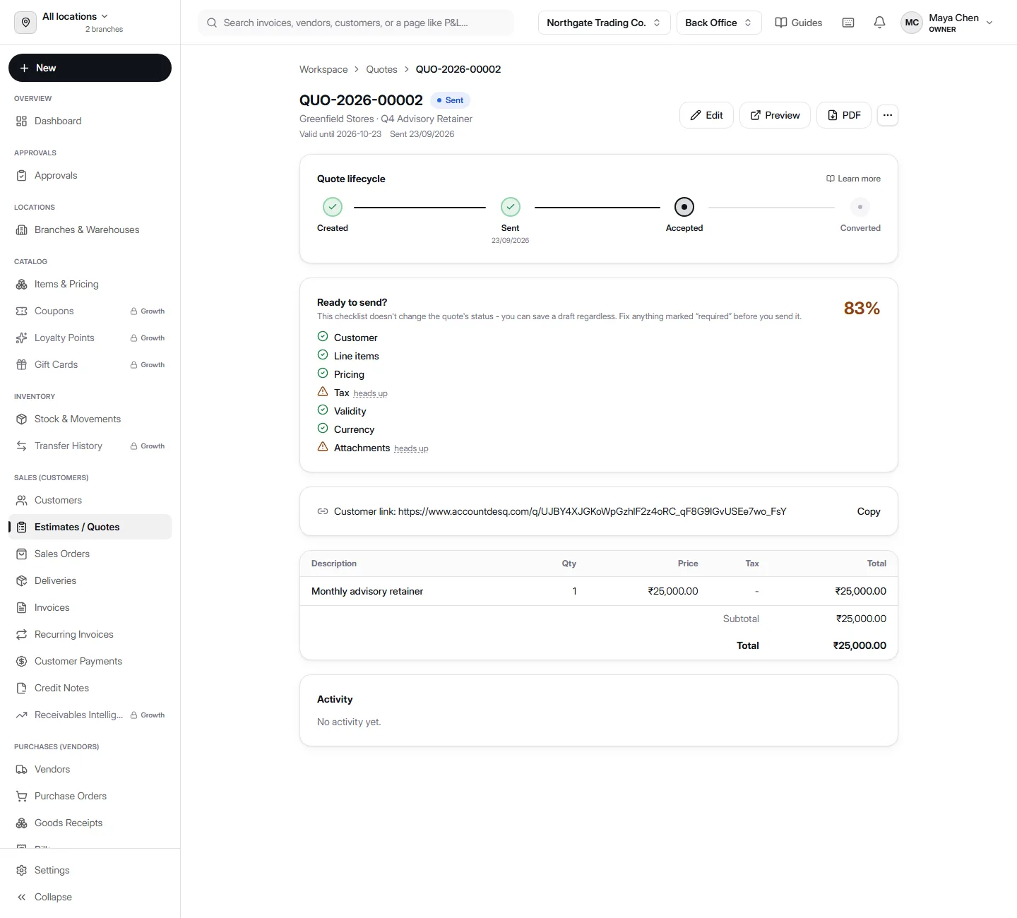 A sent quote in AccountDesq for a monthly advisory retainer, showing its lifecycle (Created, Sent, Accepted, Converted) and a public customer link the client can open without logging in