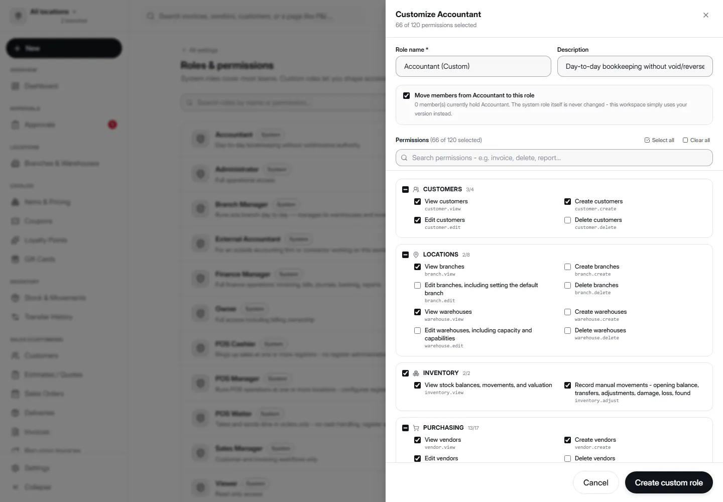 Customize Accountant role editor in AccountDesq showing 66 of 120 permissions selected, grouped into module cards for Customers, Locations, Inventory, and Purchasing, each permission with a description and its raw permission code