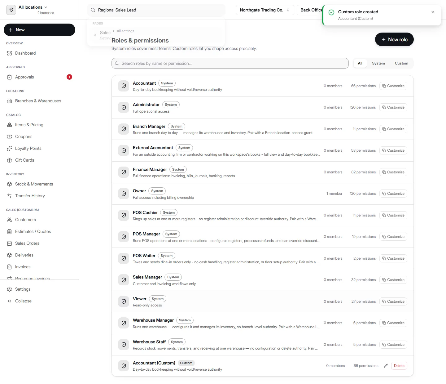Roles and permissions list in AccountDesq showing 13 system roles - Accountant, Administrator, Branch Manager, External Accountant, Finance Manager, Owner, POS Cashier, POS Manager, POS Waiter, Sales Manager, Viewer, Warehouse Manager, Warehouse Staff - each with a member count and permission count, plus a custom role at the bottom