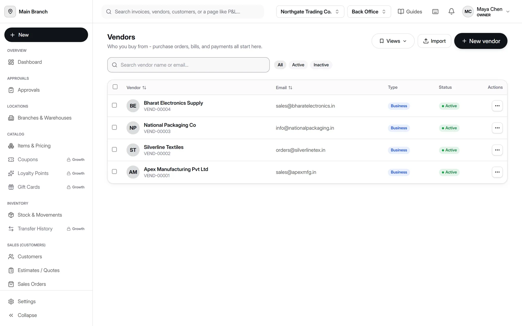 Vendor list in AccountDesq showing four active business vendors with contact emails and vendor codes, the starting point for a purchase order
